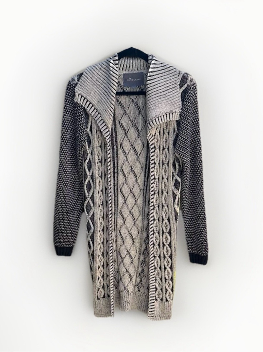 Paper Crane Two-Tone Gray Cable Knit Open Front‎ Cardigan
